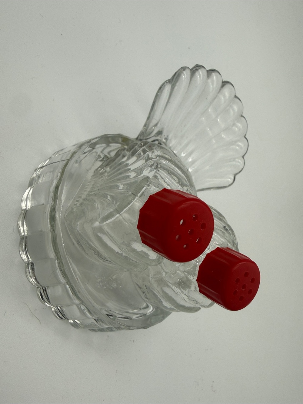 Vintage Glass Shell Salt & Pepper Shakers Condiment Set Red Tops